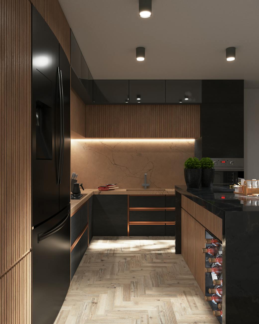brown and black industrial style kitchen